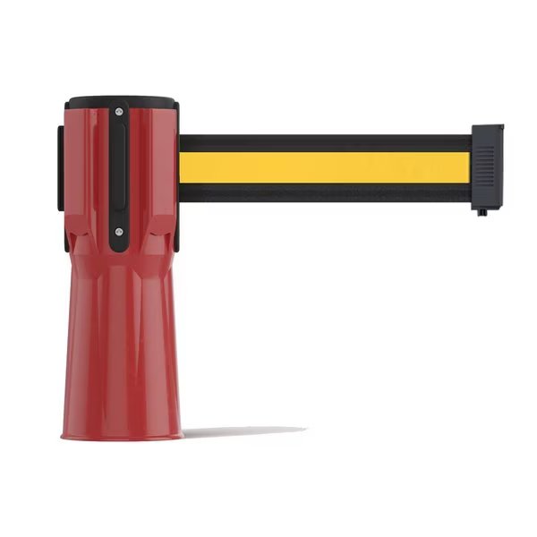Retractable Belt Barrier Cone Mount Red Case 11ft. Bk/Y H Belt, Montour Line, Mfr#: CM115-RD-BYH-110